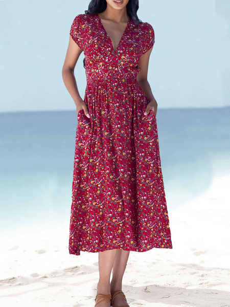 

Vacation Jersey V Neck Dress, Red, Dresses