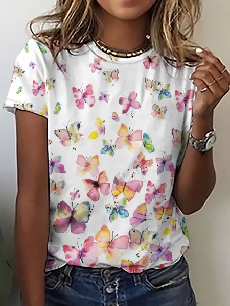 

Women's Crew Neck Casual Butterfly T-Shirt, White, T-shirts