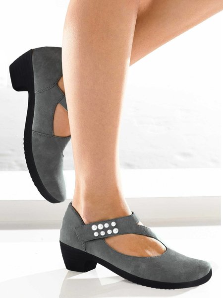 

Beaded Decor Velcro Chunky Heel Mary Jane Pumps, Gray, Flats/Loafers