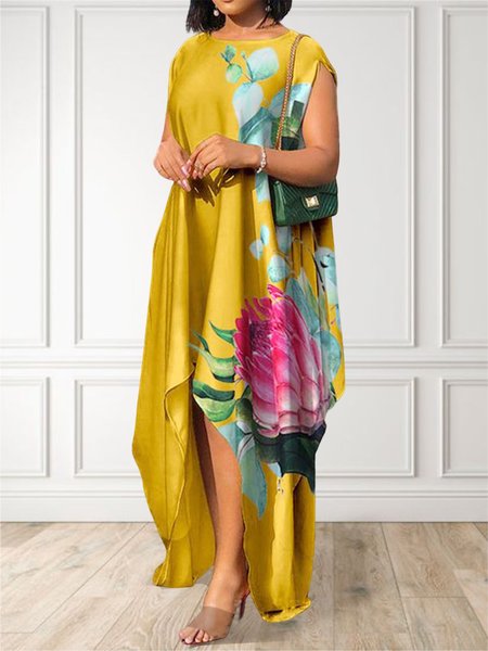 

Crew Neck Loose Vacation Floral Dress, As picture, Maxi Dresses