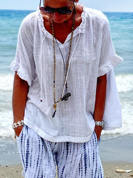 

Linen Cotton And Linen Flouncing V Neck Shirt, White, Shirts & Blouses