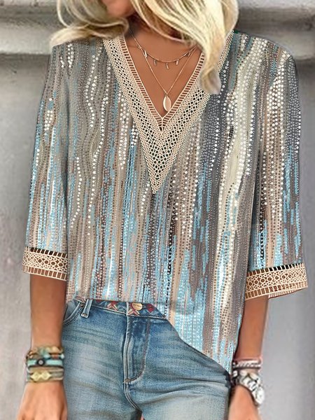 

V Neck Ombre Casual Lace Shirt, Blue, Shirts & Blouses
