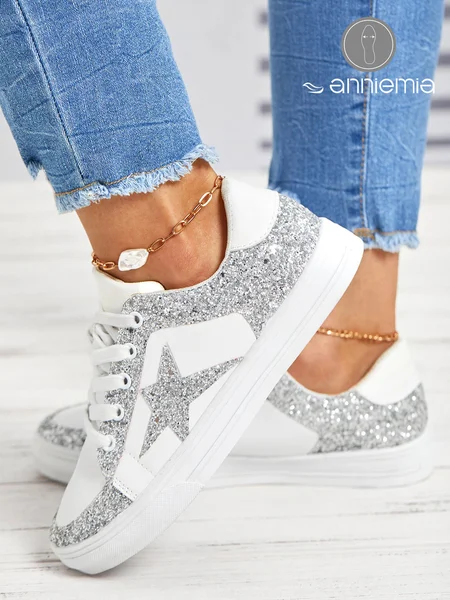 

Silver Glitter Star Sneakers, White, Sneakers