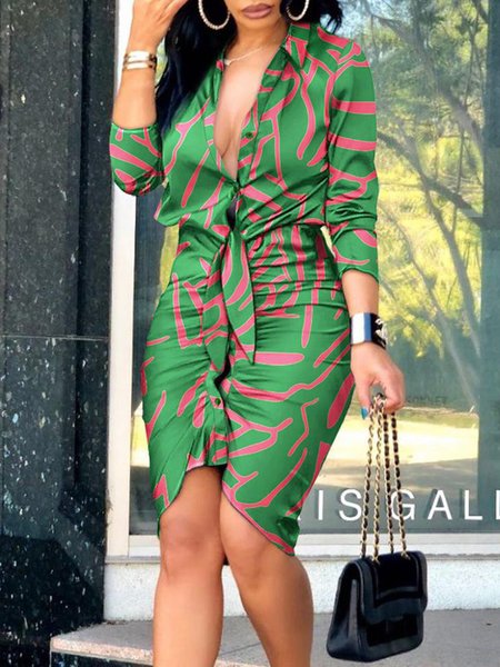 

Shirt Collar Urban Regular Fit Geometric Dress, Green, Midi Dresses