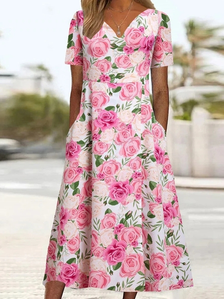 

V Neck Loose Vacation Floral Dress, Pink, Dresses