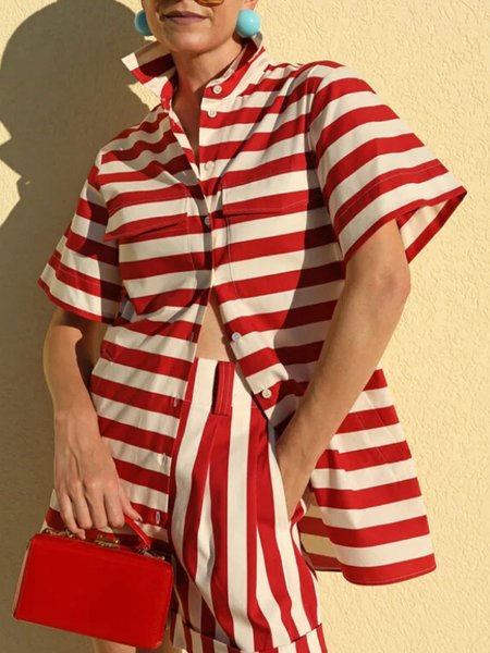 

Shirt Collar Striped Casual Short Sleeve Blouse, Red, Blouses and Shirts