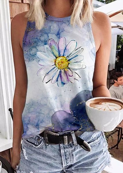 

Casual Loose Floral Tank Top, Blue, Tanks & Camis