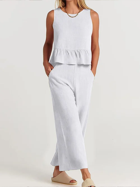 

Solid Color Casual Ruffled Sleeveless Cotton And Linen Two-Piece Suit, White, Suits