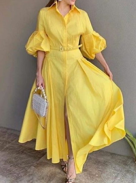

Plus Size Plain Shirt Collar Elegant Dress, Yellow, Plus Dresses