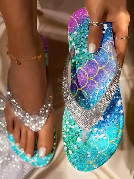 

Scale Print Rhinestone Beach Flip Flops, Blue, Sandals