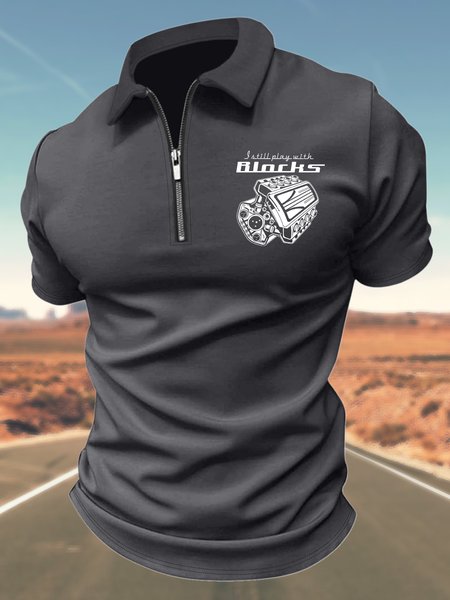 

Men’s Play Blocks Polo Collar Regular Fit Text Letters Casual Polo Shirt, Deep gray, T-shirts
