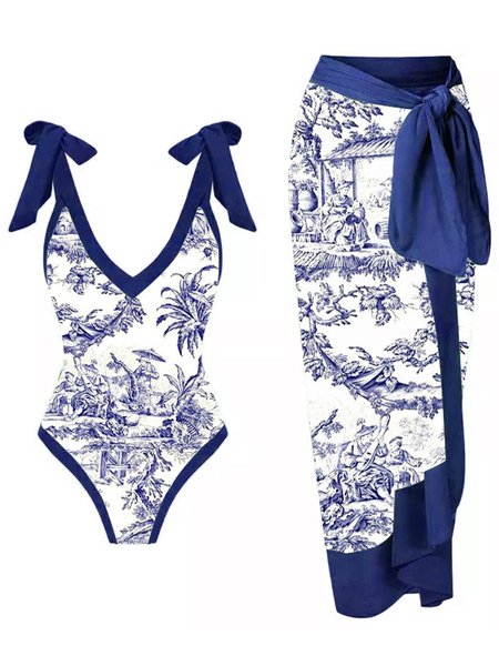 

Vacation Abstract Printing V Neck One Piece With Cover Up, Blue, One-Pieces