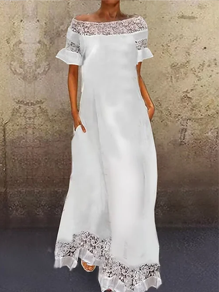 

Women's Pure Color Lace Panel Long Dress, White, Maxi Dresses