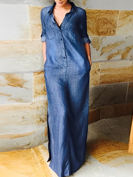 

Faux Denim Shirt Collar Casual Loose Denim Dress, Blue, Maxi Dresses