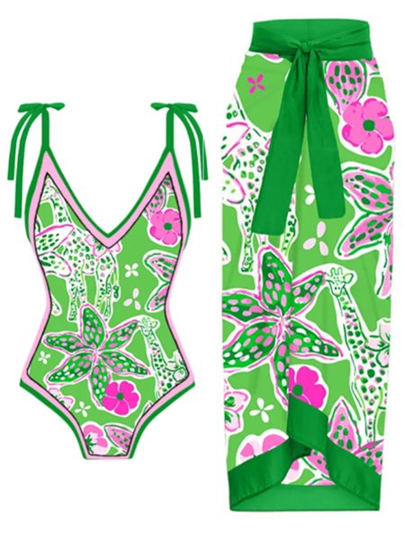 

Vacation Floral Printing V Neck One Piece With Cover Up, Green, swimwear>>Bikini Sets