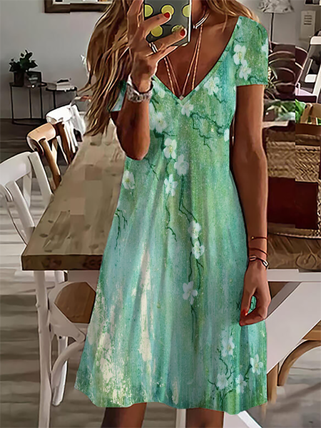 

Women's Shift Short Sleeve Floral Print V Neck Elegant Casual Short Dress, Green, Short