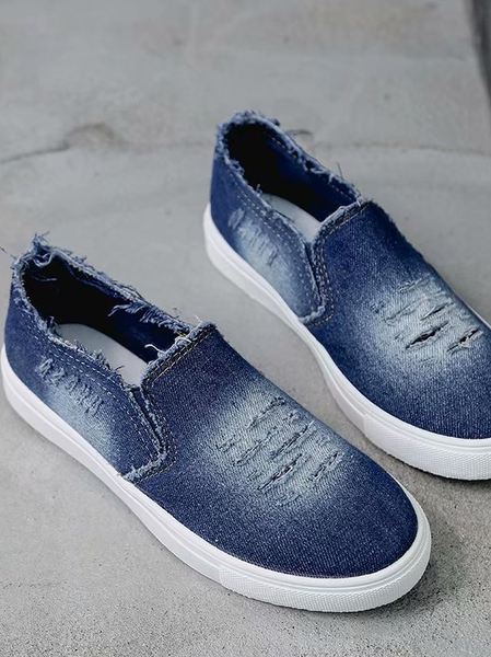 

Women's Washed Denim Canvas Flat Shoes, Deep blue, Sneakers