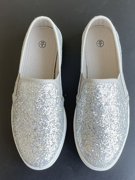 

Women's Glitter Canvas Flat Shoes Slip On, Silver, Sneakers