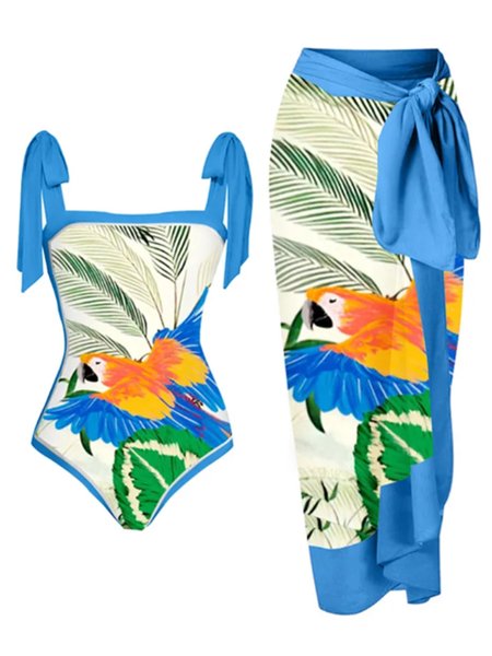 

Vacation Abstract Printing Scoop Neck One Piece With Cover Up, Blue, swimwear>>One-Pieces