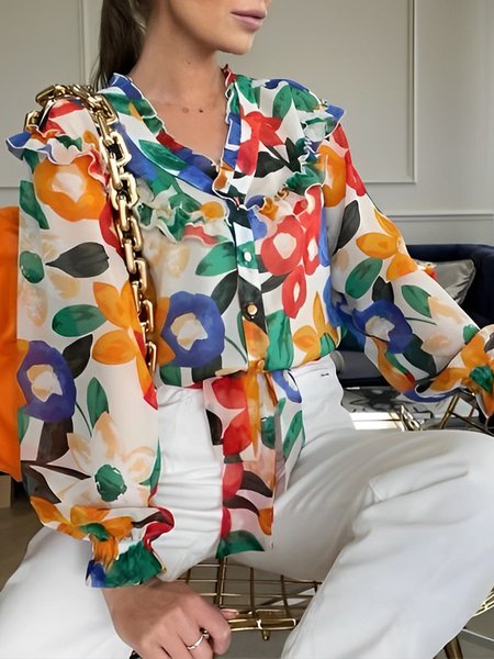 

Lantern Sleeve Vacation V Neck Loose Floral Blouse, As picture, Blouses and Shirts