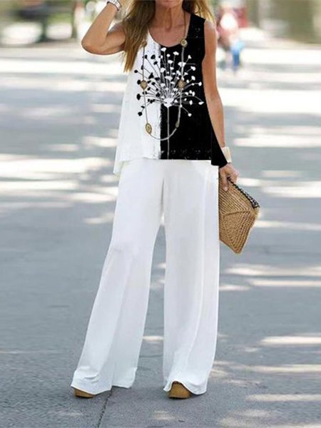 

Simple Floral Loose Two-Piece Set, White, Suit Set