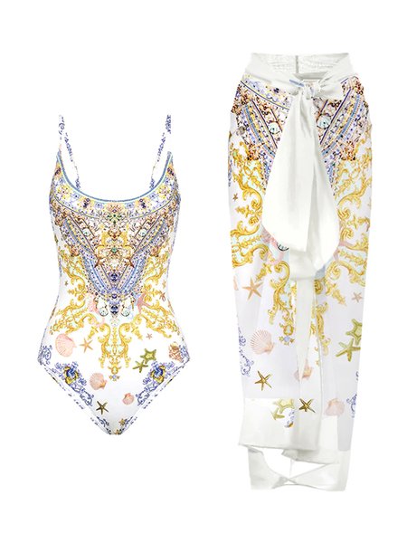 

Elegant Ethnic Printing One Piece With Cover Up, White, One-Pieces