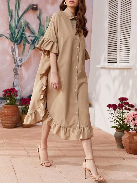 

Plain Shirt Collar Loose Casual Dress, Khaki, Midi Dresses