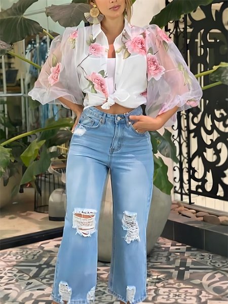 

Regular Fit Floral Shirt Collar Casual Blouse, As picture, Blouses and Shirts