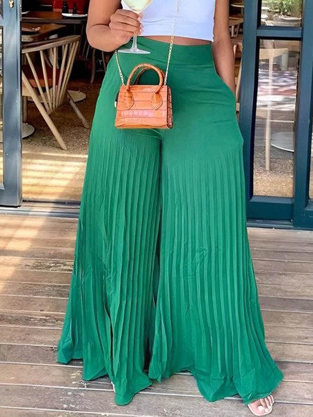 

Loose Urban Plain Pleated Fashion Pants, Green, Pants