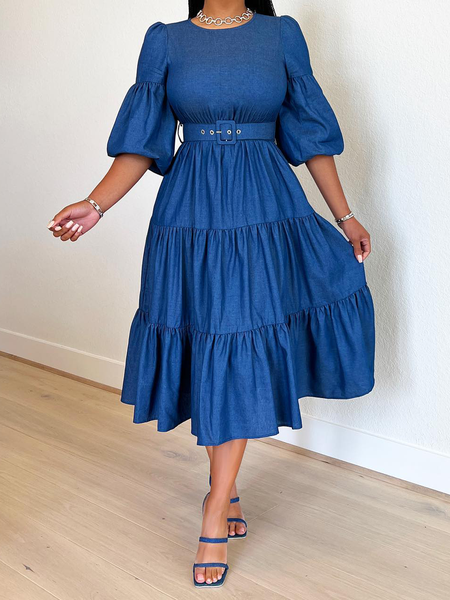 

Faux Denim Vacation Crew Neck Dress, Denim blue, Midi Dresses