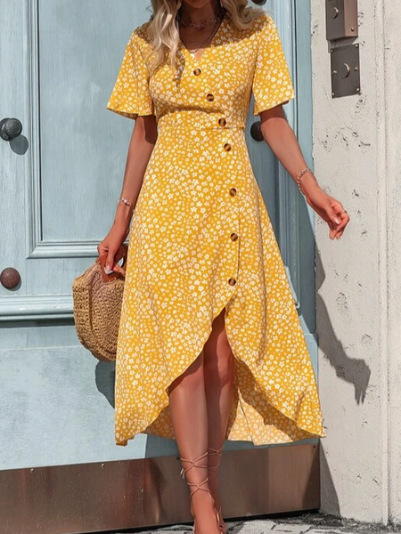 

Ditsy Floral V Neck Ditsy Loose Geometric Vacation Dress, Yellow, Dresses