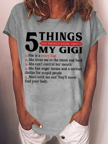 

Women's Funny Word 5 Things You Should Know About My Gigi T-Shirt Mother's Day Cotton-Blend Casual T-Shirt, Gray, T-shirts
