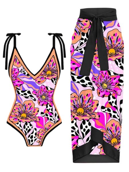 

Vacation Floral Printing V Neck One Piece With Cover Up, Black, One-Pieces