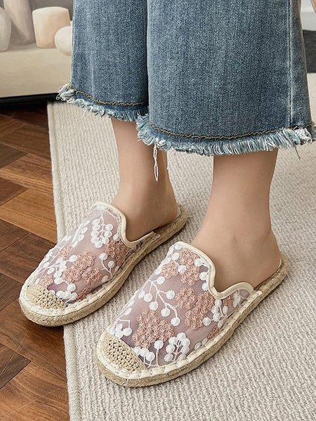 

Breathable Mesh Floral Embroidery Espadrille Mules, Apricot, Sandals