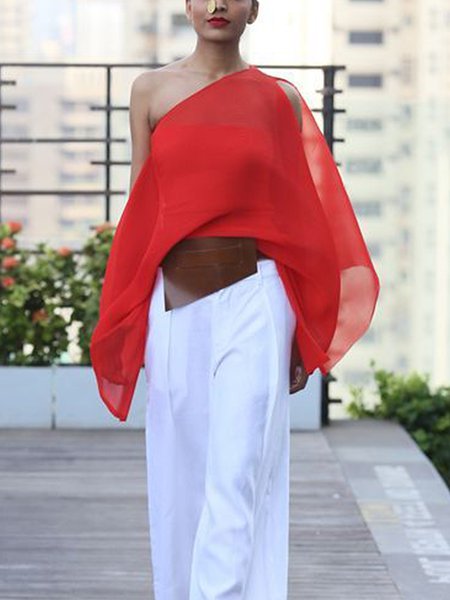 

No Elasticity Casual Asymmetrical Loose Plain Shirt, Red, Blouses and Shirts