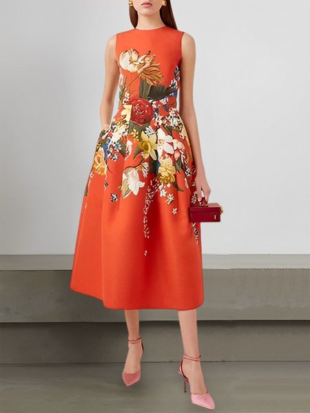 

Crew Neck Elegant Floral Regular Fit Midi Dress, Orange, Midi Dresses