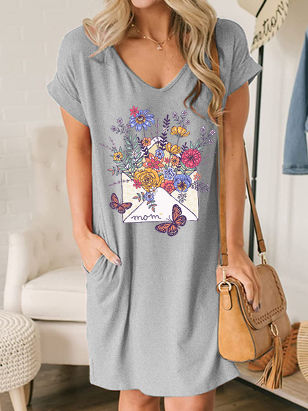 

Women‘s Floral Mom Casual V Neck Dress, Gray, Dresses