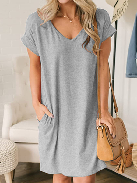 Women’s Plain Casual Loose V Neck Dress, Gray, Dresses