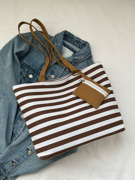 

Contrast Color Stripe Tote Women's Shoulder Bag Coin Purse Large Capacity, Brown, Women's Bags