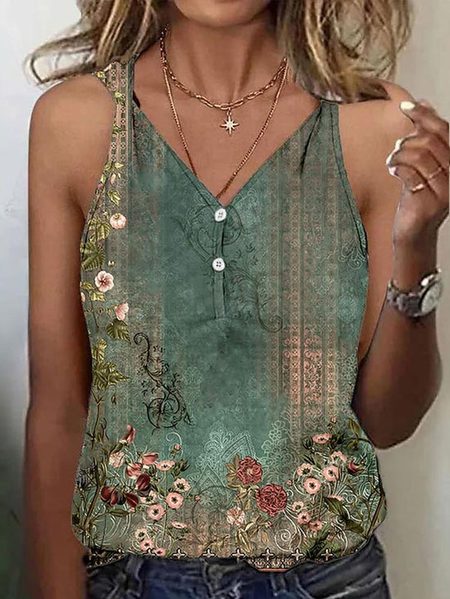 

Floral Ethnic Regular Fit Tank Top, Green, Tanks & Camis