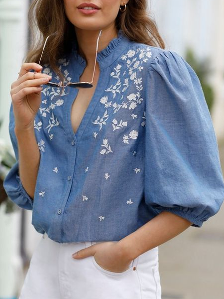 

Stand Collar Linen Loose Casual Blouse, Blue, Shirts & Blouses