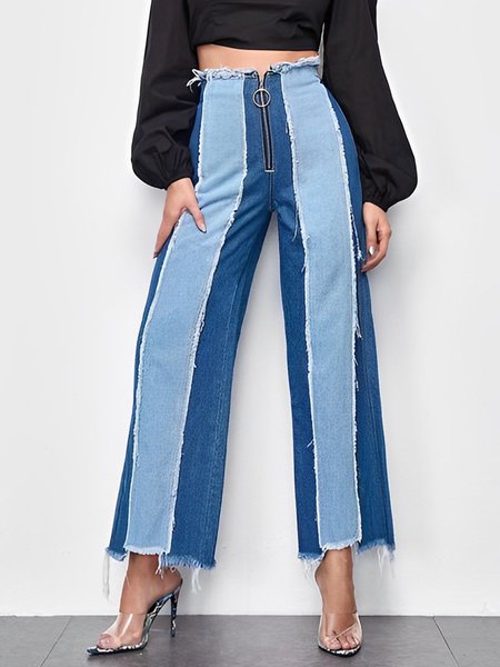

Color Block Loose Urban Denim Jeans, Blue, Jeans