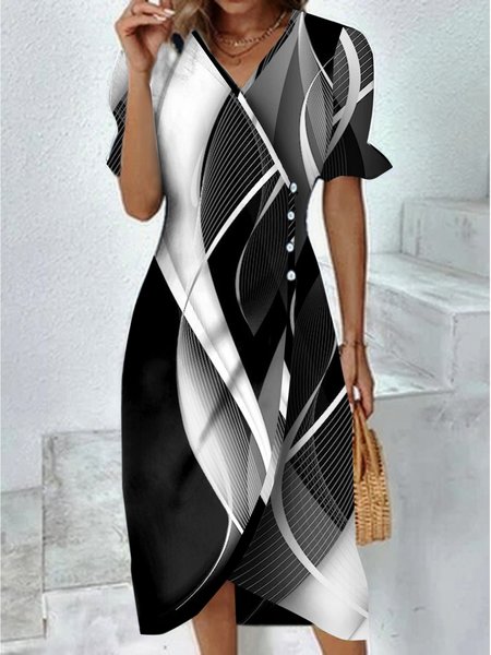 

Abstract Casual V Neck Printing Dress, Multicolor, Midi