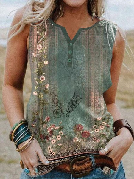 

Casual Notched Loose Tank Top, Green, Tanks & Camis