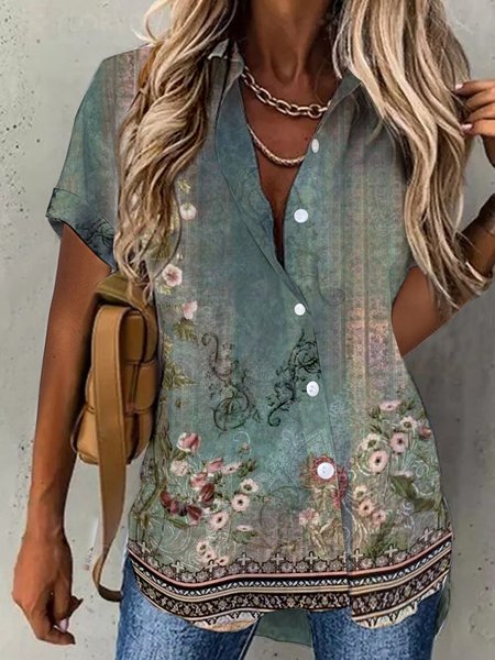 

Shirt Collar Ethnic Loose Ethnic Blouse, Green, Shirts & Blouses