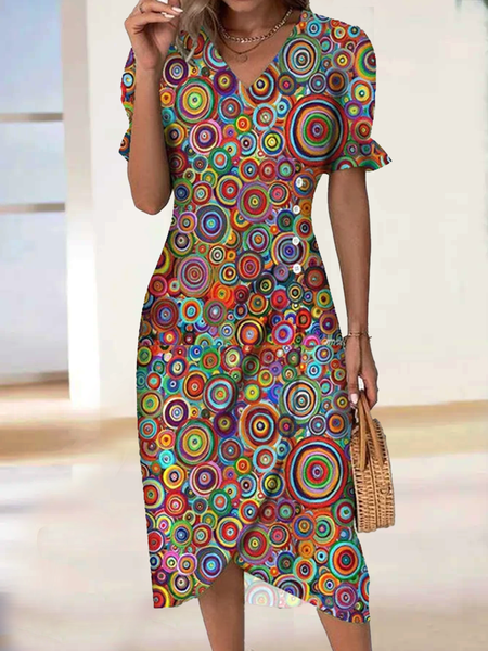 

Retro V-Neck Multicolor Midi Dress, Red, Dresses