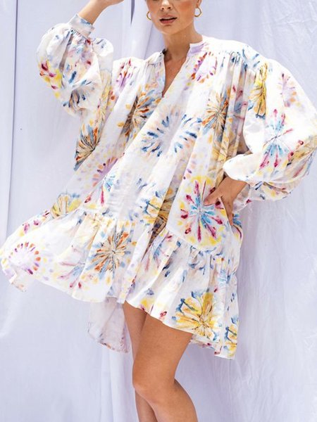 

Long sleeve Vacation Loose V Neck Floral Dress, Off white, Mini Dresses