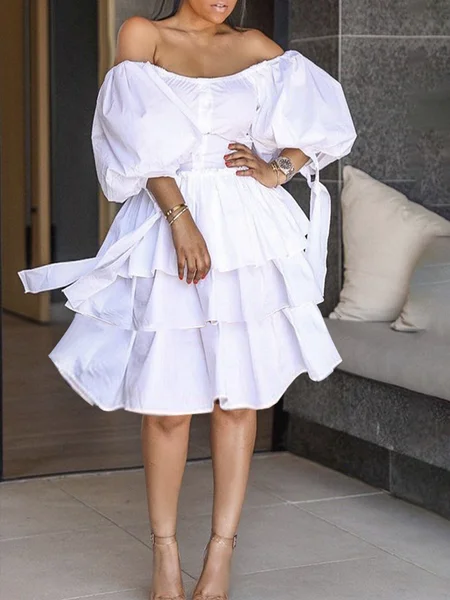 

Cold Shoulder Plain Elegant Half sleeve Dress, White, Mini Dresses