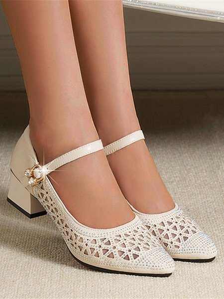 

Fashion Rhinestone Hollow Pointed Toe Chunky Heel Mary Jane, Off white, Heels
