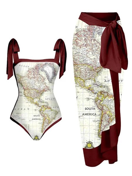 

Casual Map Square Neck Printing One Piece With Cover Up, Wine red, swimwear>>One-Pieces